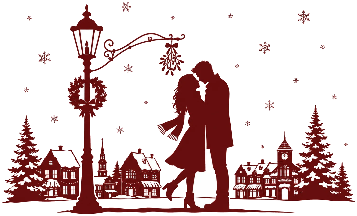 Couple embracing under a mistletoe lamppost in a snowy town square