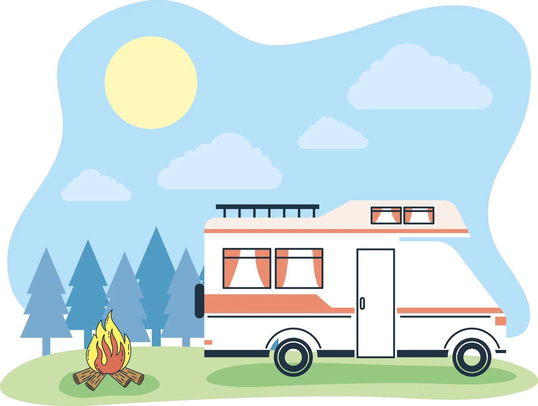 Camper parked by a campfire in the woods