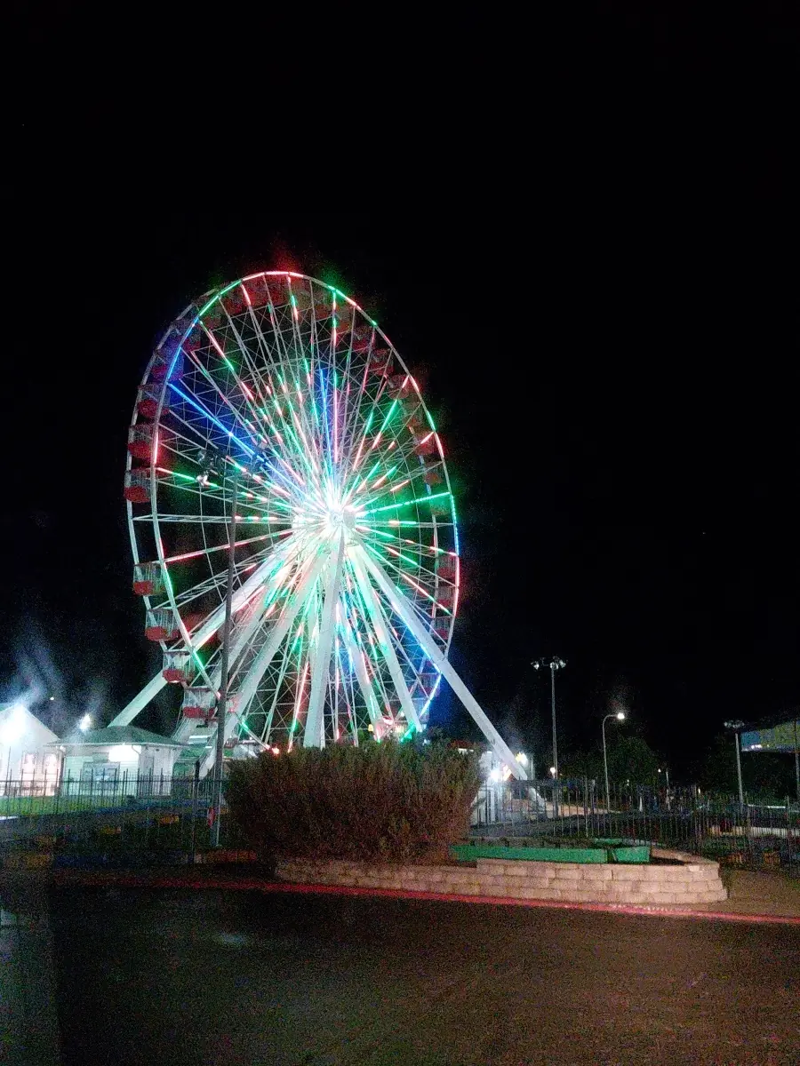 Ferris wheel lit up in colorful lights against the night sky