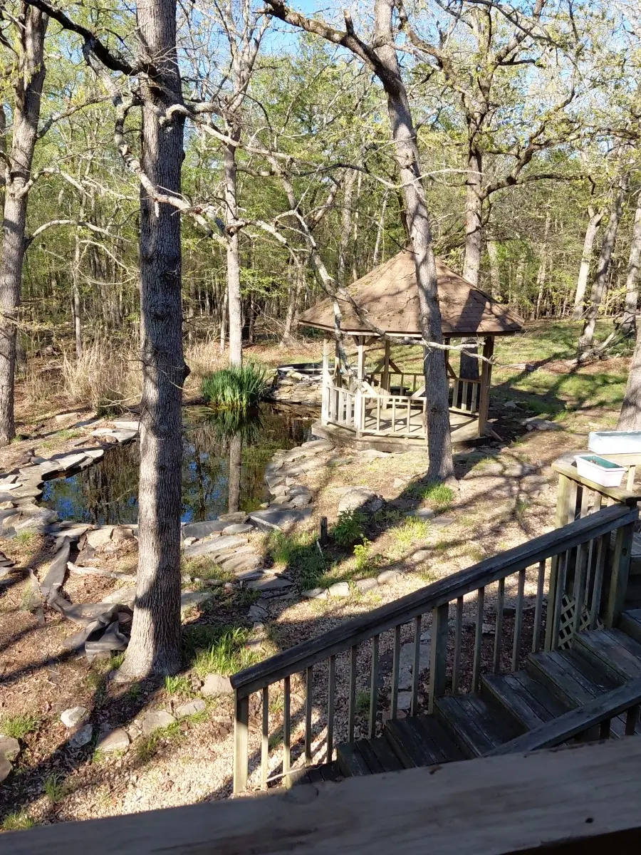 Wooden footbridge and deck beside a rock-lined koi pond in the woods
